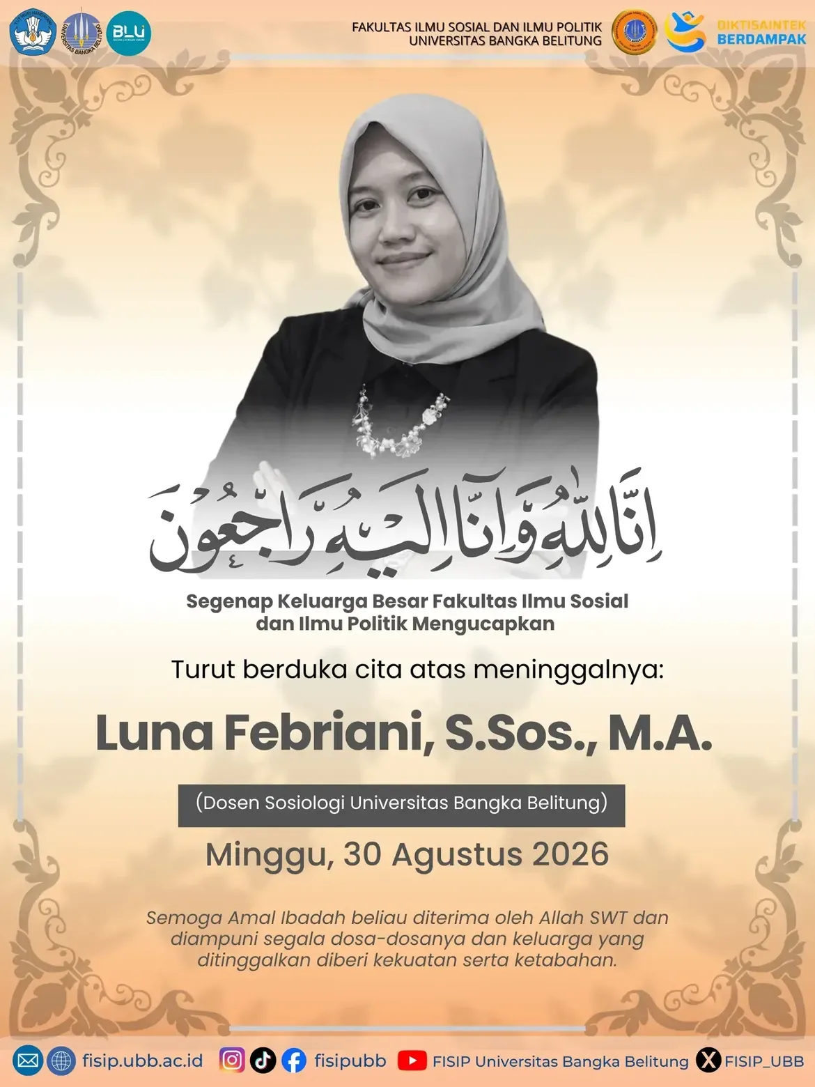 Kabar Duka, Keluarga Besar Universitas Bangka Belitung Fakultas Ilmu Sosial dan Ilmu Politik Berpulangnya Dosen, Ibu Luna Febriani, S. Sos., M.A.